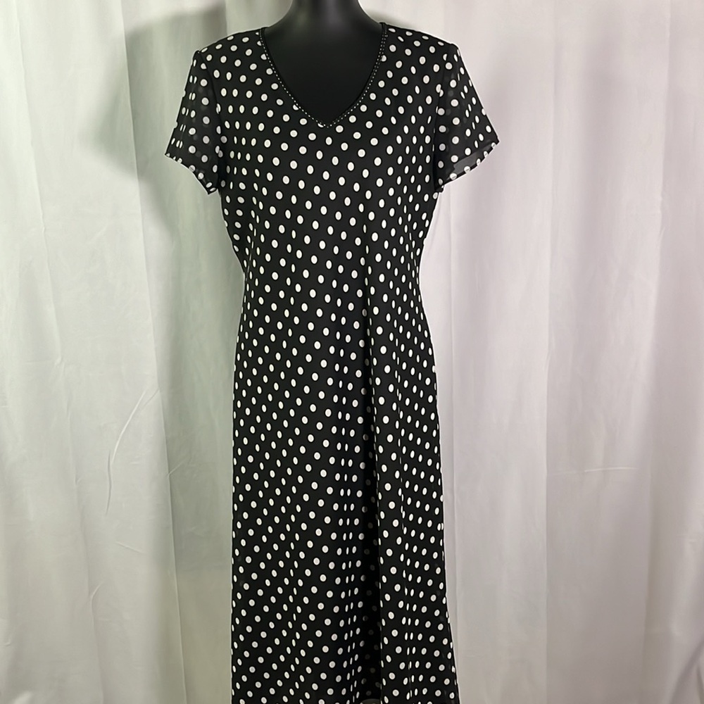 Vintage 90s Positive Attitude Black & White Polka Dot V-Neck Midi Dress